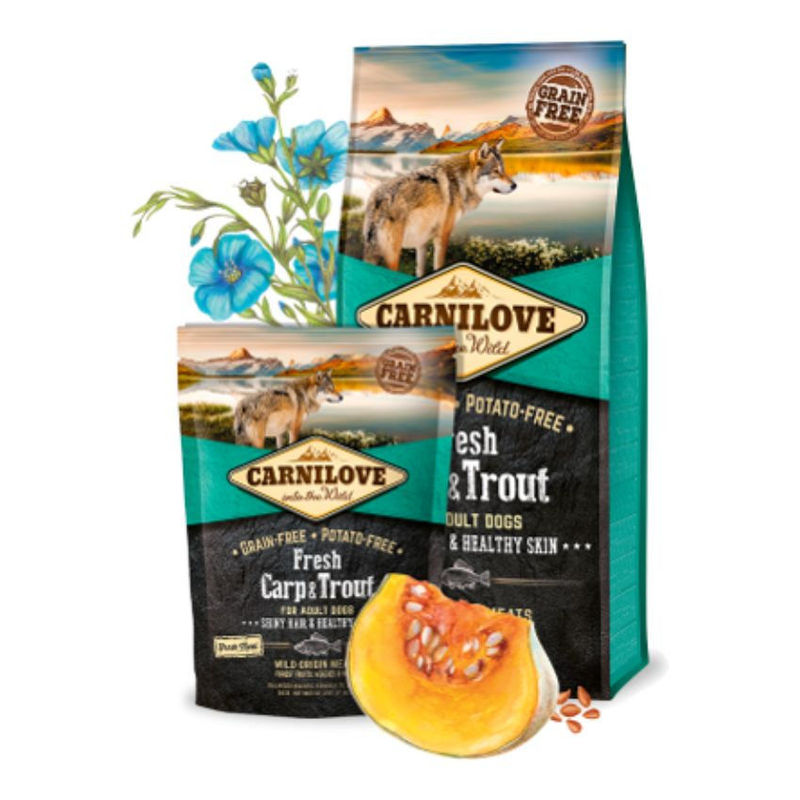 Натурална суха храна с прясно месо за кучета Carnilove FRESH  Carp & Trout Shiny Hair & Healthy Skin Adult със 26% шаран и 18% пъстърва, БЕЗ ЗЪРНЕНИ КУЛТУРИ  1.5 кг.