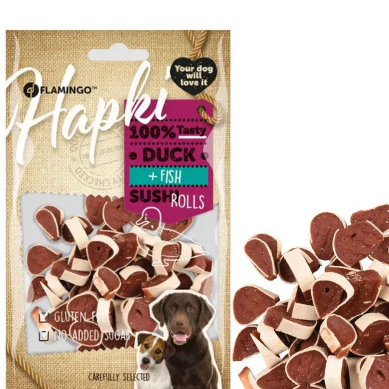 Лакомства за куче Flamingo Hapki Sushi rolls суши хапки с патешко и риба 85 гр.