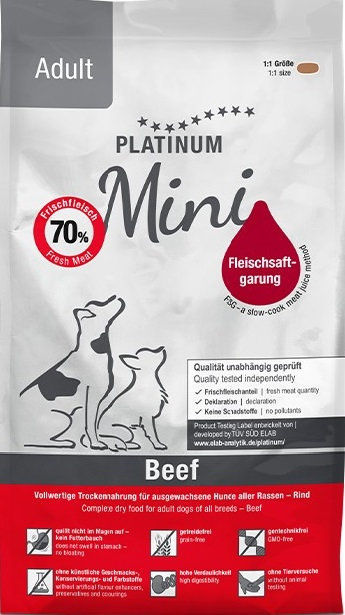 Супер премиум храна Platinum Adult Mini Beef – за мини породи със 70% прясно телешко месо, годно за човешка консумация 900гр.