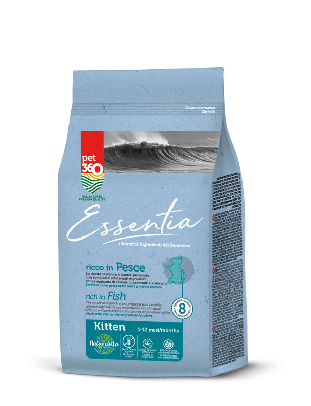 Супер премиум храна за котки Essentia Kitten, БЕЗ ЗЪРНО, със 78% протеин от сьомга и риба тон + куркума и розмарин, за малки котенца до 12 м. 1.5 кг.