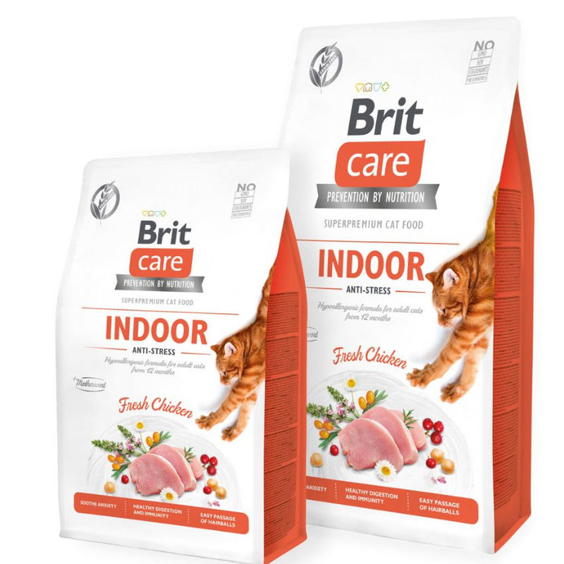 Пълноценна суха храна за котки живеещи в затворени пространства Brit Care Cat Grain-Free INDOOR ANTI-STRESS със 26% прясно пилешко месо, плодове и зеленчуци, БЕЗ зърнени култури  7 кг.