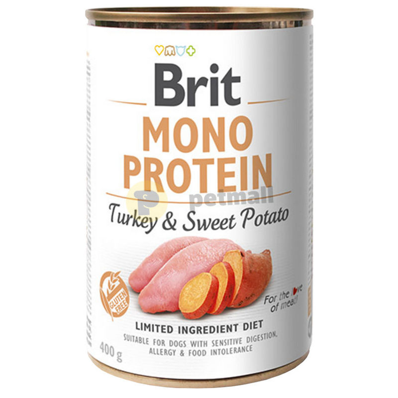 Консервирана храна за кучета BRIT MONO PROTEIN ТURKEY & SWEET POTATO – със 74% прясно пуешко месо и 5% сладки картофи 0.400 кг.