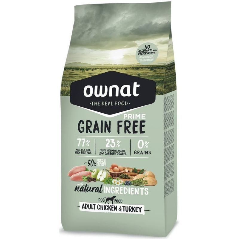 Натурална суха храна Ownat Grain Free Prime ADULT CHICKEN & TURKEY – БЕЗ зърнени култури, с 77%  качествено месо, пиле и пуйка 3 кг.