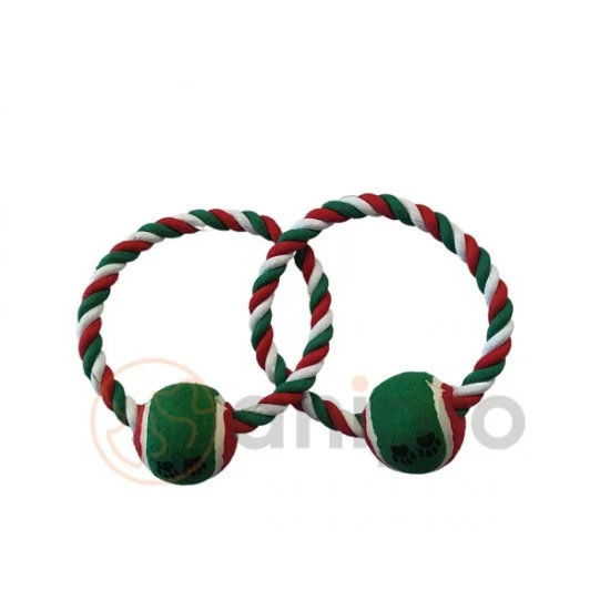 anipro Играчка въже двоен кръг с топки бяло/зелено/червено 33 см, 250-260 г