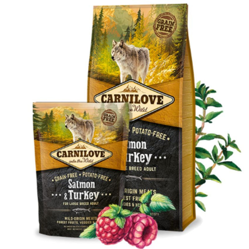 Пълноценна, суха храна за кучета от големи породи Carnilove Salmon & Turkey for Large Breed Adult със 25% сьомга и 20% пуешко, БЕЗ ЗЪРНЕНИ КУЛТУРИ 1.5 кг.