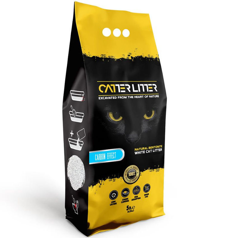 Бентонитова котешка тоалетна CATTERLITTER White Bentonite Carbon effect с активен въглен, карбон 5л.