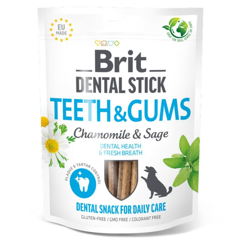 Дентални пръчици Brit Dental Stick Teeth & Gums with Chamomile & Sage с Лайка и градински чай за здрави зъби и венци- 7бр.