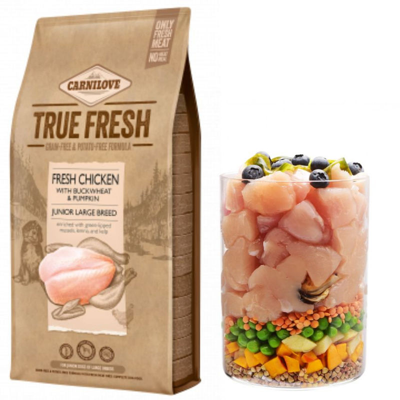 Ултра премиум суха храна за подрастващи кучета от едри породи Carnilove TRUE FRESH Chicken Junior Large със 60% истинско, прясно пилешко месо, обогатена със зеленоуста мида, червена леща и келп 4 кг.