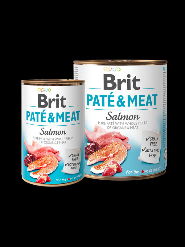 BRIT PATÉ & MEAT SALMON – консервирана храна за кучета с 26% сьомга и 24% пилешко месо 0.400 кг.