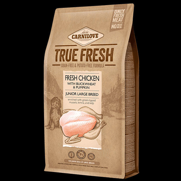 Ултра премиум суха храна за подрастващи кучета от едри породи Carnilove TRUE FRESH Chicken Junior Large със 60% истинско, прясно пилешко месо, обогатена със зеленоуста мида, червена леща и келп 1.400 кг.