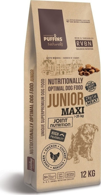 Супер премиум храна Puffins Maxi Junior – за подрастващи кученца от големите породи, със 76% прясно месо годно за човешка консумация 14 кг. 2