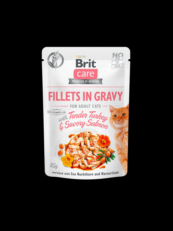 Brit Care Cat Pouch TENDER TURKEY & SAVORY SALMON in Gravy – пауч за котки с пуешко и сьомга в сос 85 гр.