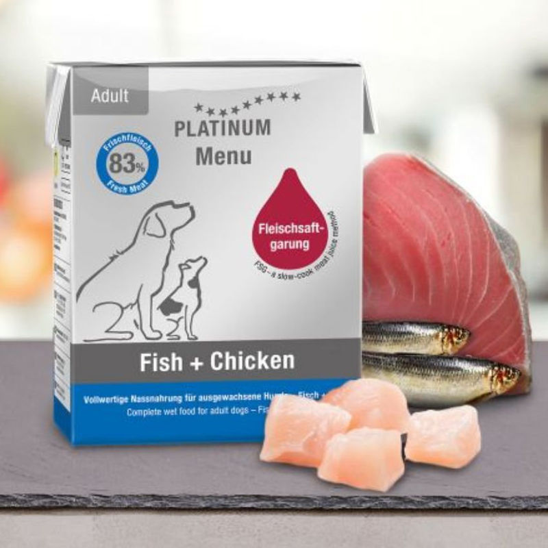 Мокра храна за кучета Platinum Menu Adult Fish + Chicken с 57% Прясно Пилешко месо, 26% Риба и зеленчуци 185гр.