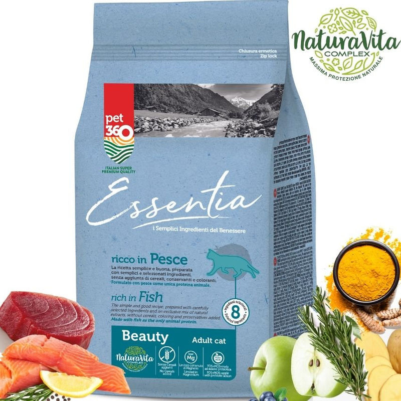 Супер премиум храна за котки Essentia BEAUTY, БЕЗ ЗЪРНО, със 74% протеин от сьомга и риба тон + куркума и розмарин, за красива козина 0.300 кг. 2