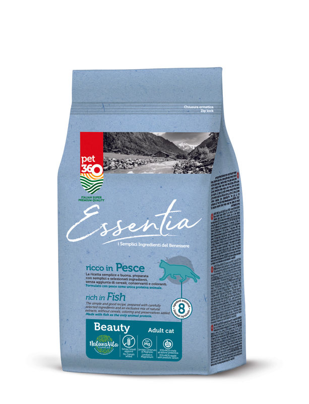 Супер премиум храна за котки Essentia BEAUTY, БЕЗ ЗЪРНО, със 74% протеин от сьомга и риба тон + куркума и розмарин, за красива козина 0.300 кг.