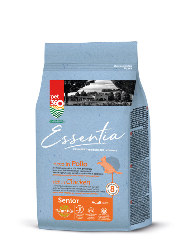 Супер премиум храна за котки Essentia SENIOR 9+/Ageing, БЕЗ ЗЪРНО, 66% протеин от прясно пилешко месо + куркума и розмарин, за котки, които имат достъп до външна среда или за такива с ниско телесно тегло 1.5 кг.