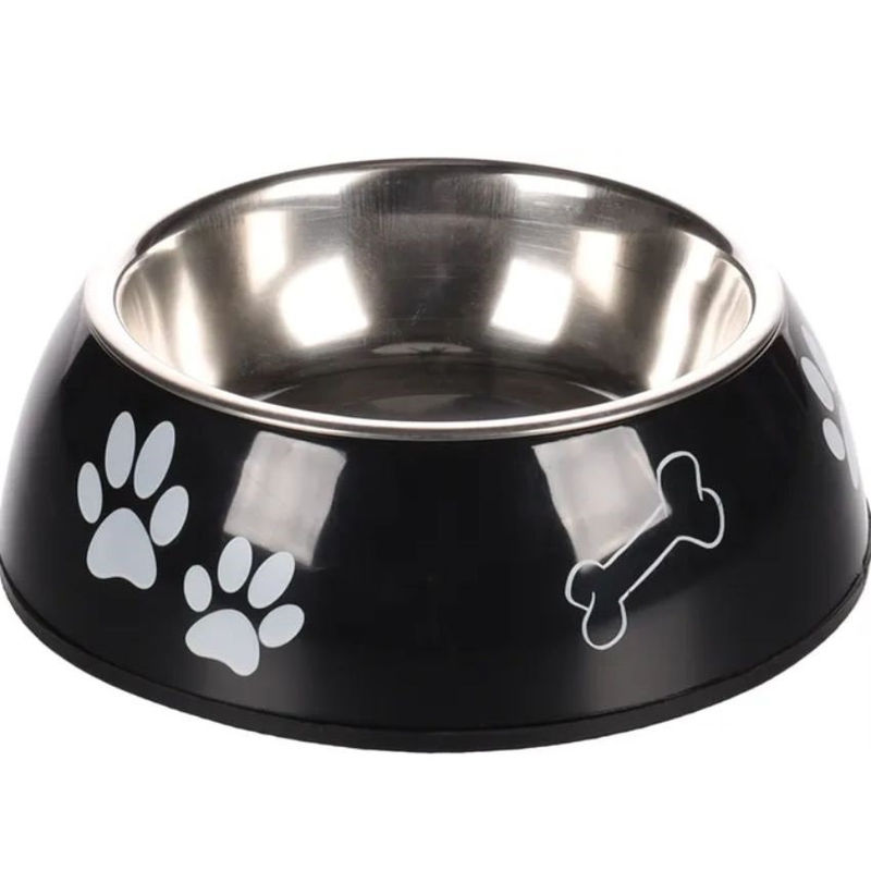 Метална купа за куче Flamingo DIVAR PAW PRINT BLACK – с черна пластмасова поставка M