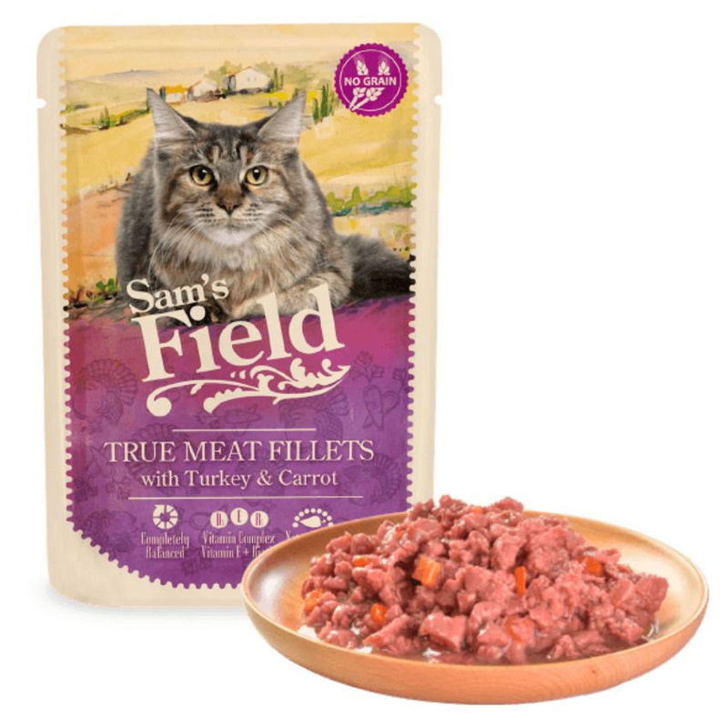 Натурална, мокра храна за котки Sam’s field CAT POUCH with Turkey fillets със 77% пилешко месо, 8% пуешко и морков, БЕЗ зърнени култури 85 гр.