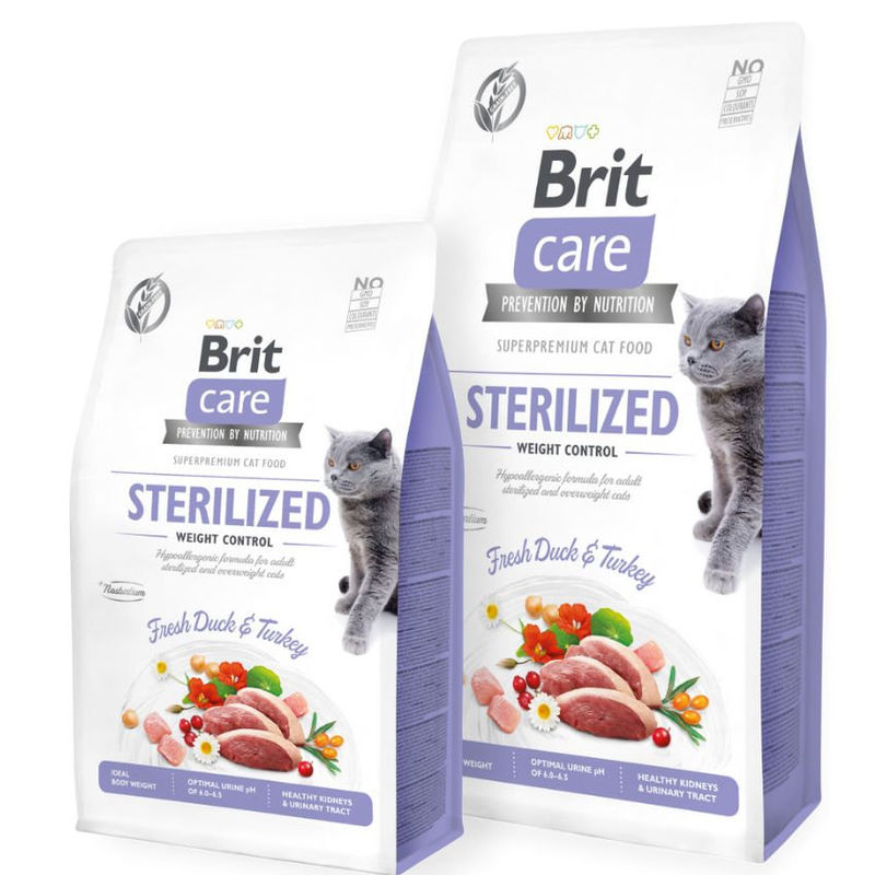 Пълноценна суха храна за кастрирани котки Brit Care Cat Grain-Free STERILIZED AND WEIGHT CONTROL със 26% прясно патешко, 26% пуешко и зеленчуци, БЕЗ ЗЪРНЕНИ КУЛТУРИ 0.400 кг.
