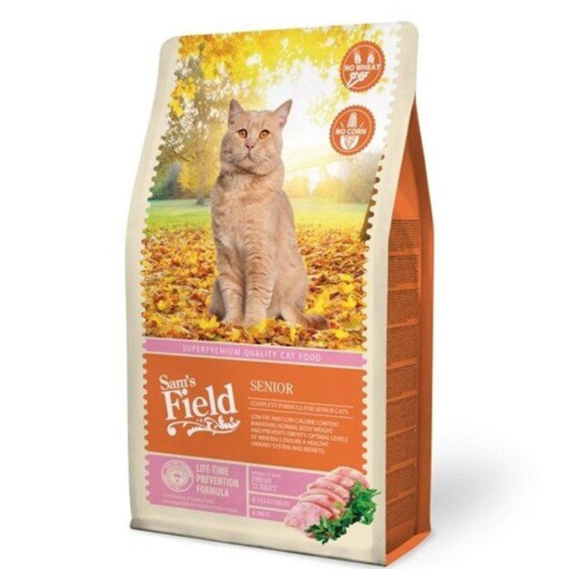 Пълноценна суха храна Sam’s Field Cat Senior за възрастни котки, с 35% пуешко, 15% свежо пилешко, плодове и зеленчуци 7.5 кг.