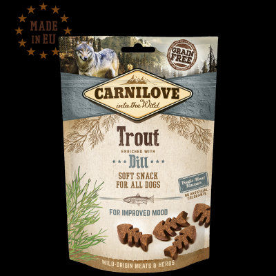 Полувлажни лакомства за куче Carnilove Semi-Moist Snack Trout enriched with Dill cъс 35% Пъстърва, обогатени с копър, БЕЗ ЗЪРНЕНИ КУЛТУРИ 0.200 кг.