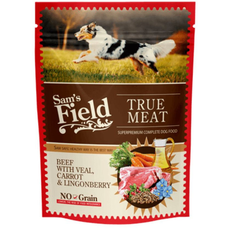 Натурална мокра храна, пауч за кучета Sam’s Field Beef with veal с 65% говеждо месо, моркови и черна боровинка, БЕЗ зърнени култури 0.200 кг.
