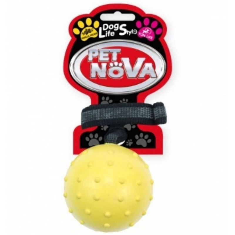 Кучешка играчка PET NOVA гумена топка със звук и връв за игра –  аромат на ванилия, 6 см. жълт