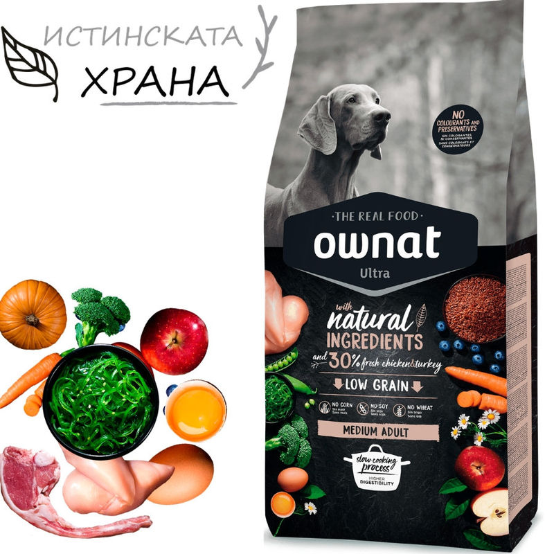 Натурална суха храна Ownat Ultra Medium Adult с пряснo пилешко и пуешко месо, за пораснали кучета от средните породи 3 кг. 3