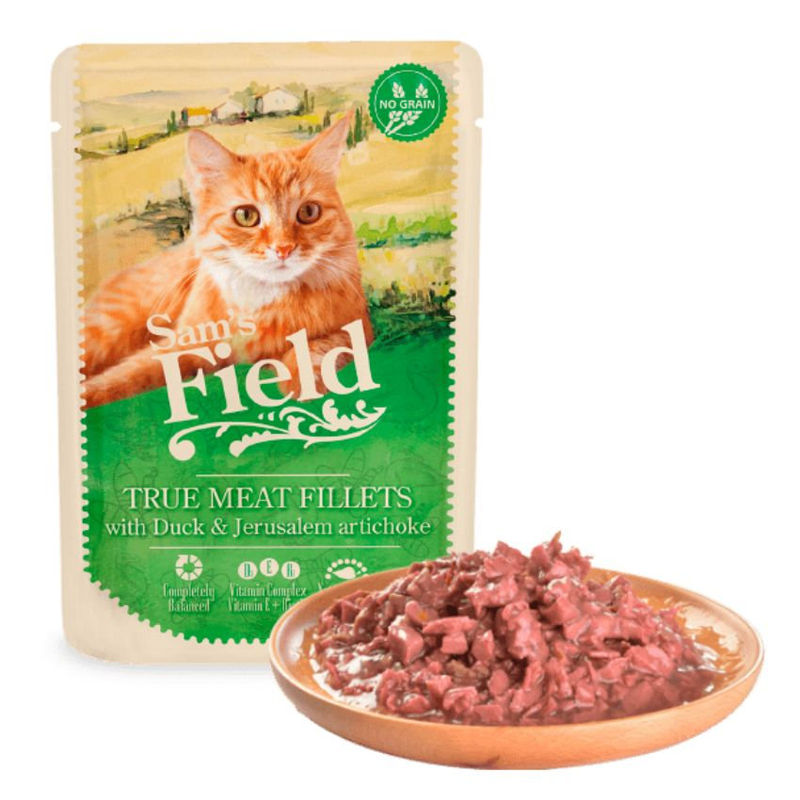Натурална, мокра храна за котки Sam’s field CAT POUCH with Duck fillets със 77% пилешко месо, 8% патешко и артишок, БЕЗ зърнени култури 85 гр.