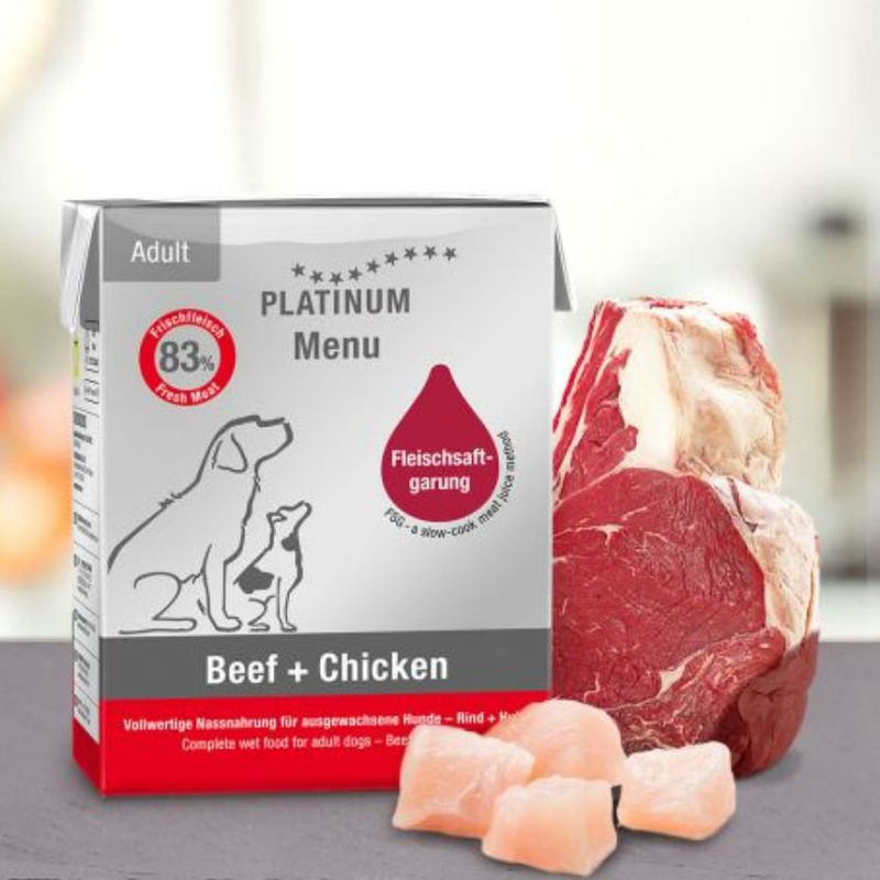 Мокра храна за кучета Platinum Menu Adult Beef + Chicken с 48% Прясно пилешко месо, 35% Прясно Телешко месо и зеленчуци 375гр.