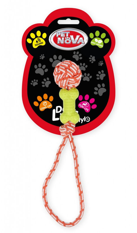 Памучно въже PET NOVA с гумен кокал за дърпане 40 см. жълт