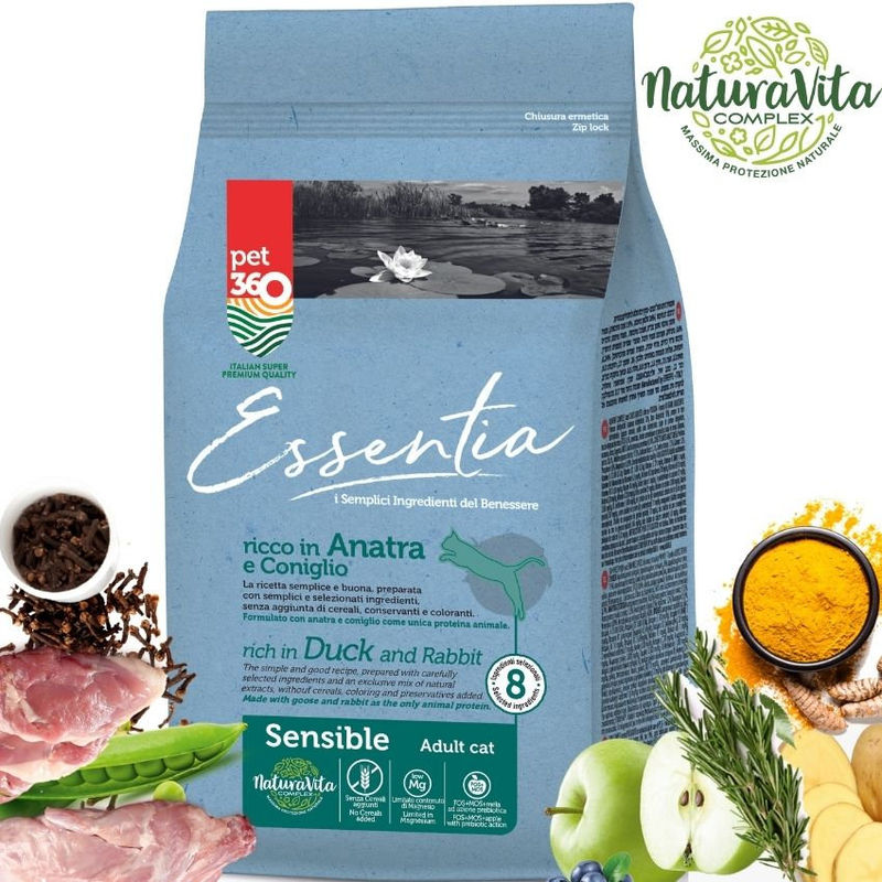 Супер премиум храна за котки Essentia SENSIBLE, БЕЗ ЗЪРНО, със 73% протеин от прясно заешко и патешко месо + куркума и розмарин, за котки с чувствителна храносмилателна система 7.5 кг. 2