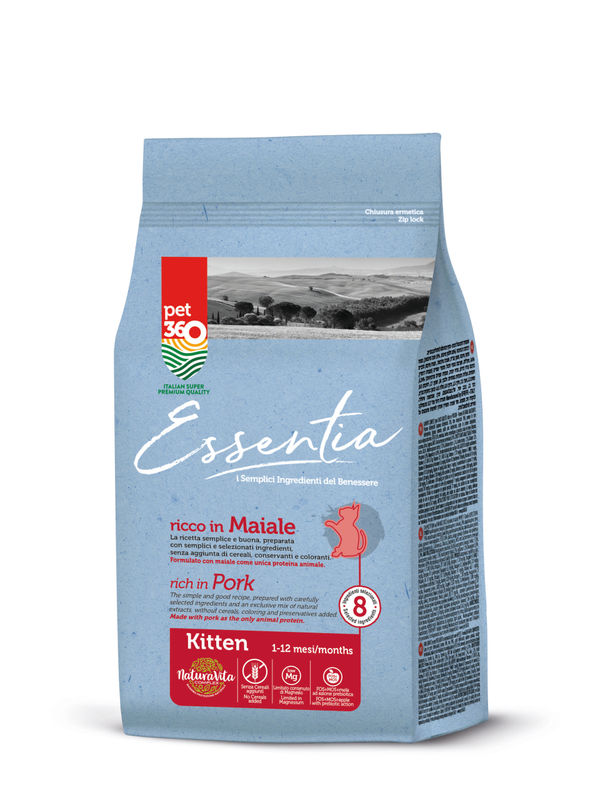 Супер премиум храна за котки Essentia Kitten, БЕЗ ЗЪРНО, с 81% протеин от прясно свинско месо + куркума и розмарин, за малки котенца до 12 м. 1.5 кг.