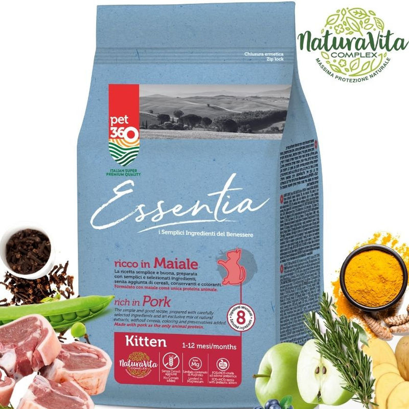 Супер премиум храна за котки Essentia Kitten, БЕЗ ЗЪРНО, с 81% протеин от прясно свинско месо + куркума и розмарин, за малки котенца до 12 м. 1.5 кг. 3