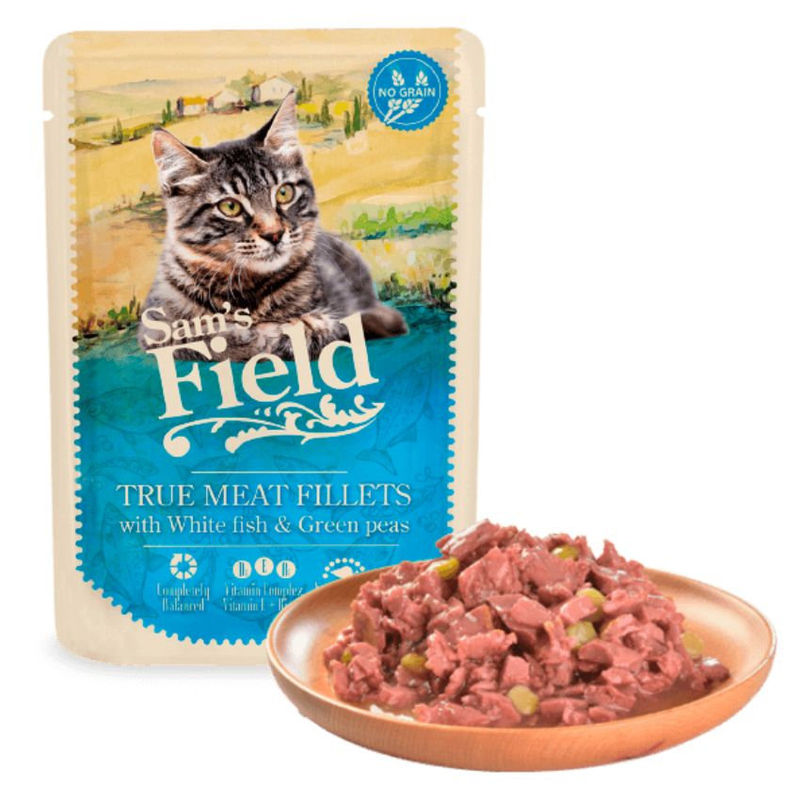Натурална, мокра храна за котки Sam’s field CAT POUCH with White fish fillets със 77% пилешко месо, 8% бяла риба и грах, БЕЗ зърнени култури 85 гр.