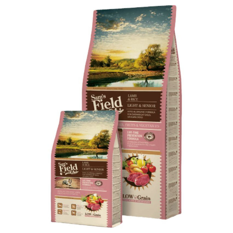 Пълноценна, хипоалергенна, суха храна за възрастни кучета Sam’s Field Dog Lamb and Rice Light & Senior с агнешко и ориз 2.5 кг.