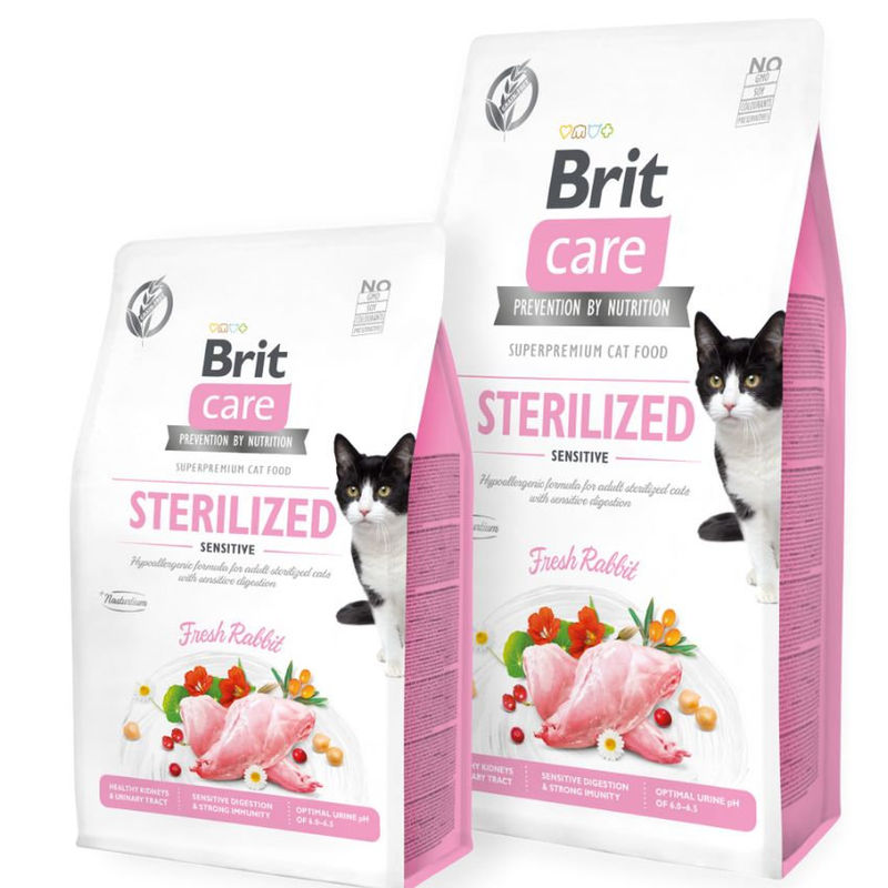 Пълноценна суха храна за кастрирани котки за добро храносмилане Brit Care Cat Grain-Free STERILIZED SENSITIVE със 26% заешко месо и зеленчуци, БЕЗ зърнени култури 7 кг.