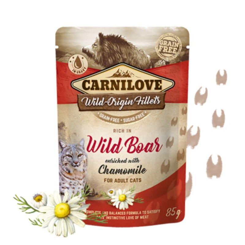 Натурална, мокра храна за котки Carnilove CAT POUCH rich in Wild Boar with Chamomile със 71% пилешко месо, 14% глиган, обогатена с лайка ,БЕЗ зърнени култури 85 гр.