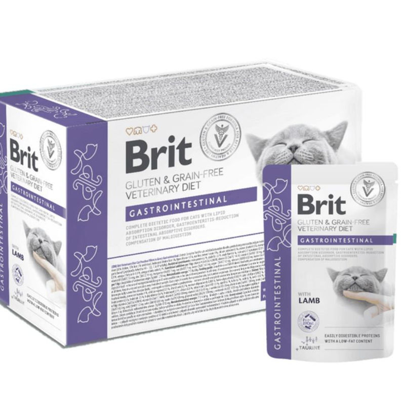 Мокра храна за котки Brit Grain & Gluten-Free VD Cat Pouch fillets in Gravy Gastrointestinal подходящ като помощ при лечение на храносмилателни разстройства,агнешко филе в сос грейви  85 g