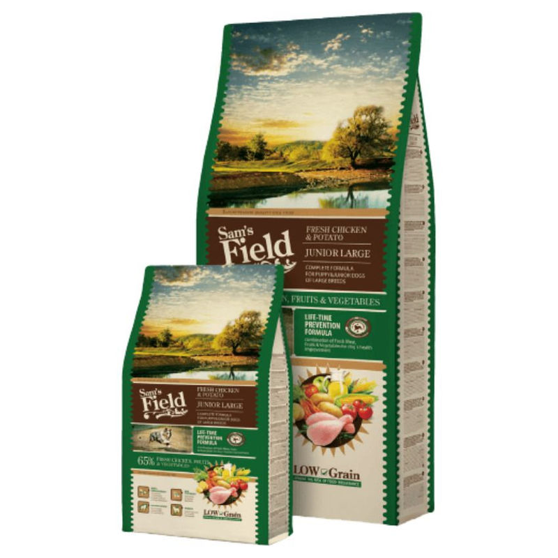 Пълноценна суха храна за подрастващи кученца от големи породи Sam’s Field Dog Fresh Chicken and Potato JUNIOR LARGE с 60% пилешко месо и зеленчуци 13 кг.