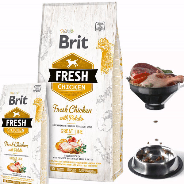 Холистична суха храна Brit Fresh Chicken with Potato Adult Great Life за пораснали кучета от всички породи, с прясно пилешко месо и картофи 12 кг.