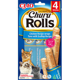 Лакомство за капризни котки Churu Cat Treats Rolls Chicken Recipe Wraps Tuna with Scallop пилешки рулца с пълнеж от риба тон 4×10гр.