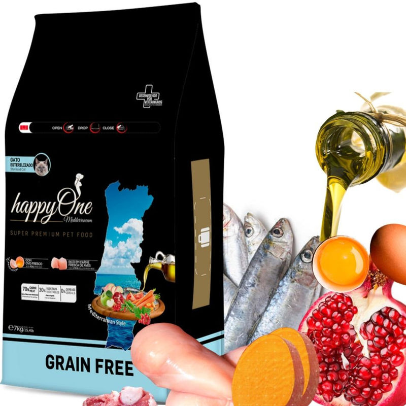 Средиземноморска храна HappyOne MEDITERRANEUM CAT Sterilised за кастрирани котки с пилешко месо, сардини, зехтин, яйца и нар 1 кг.