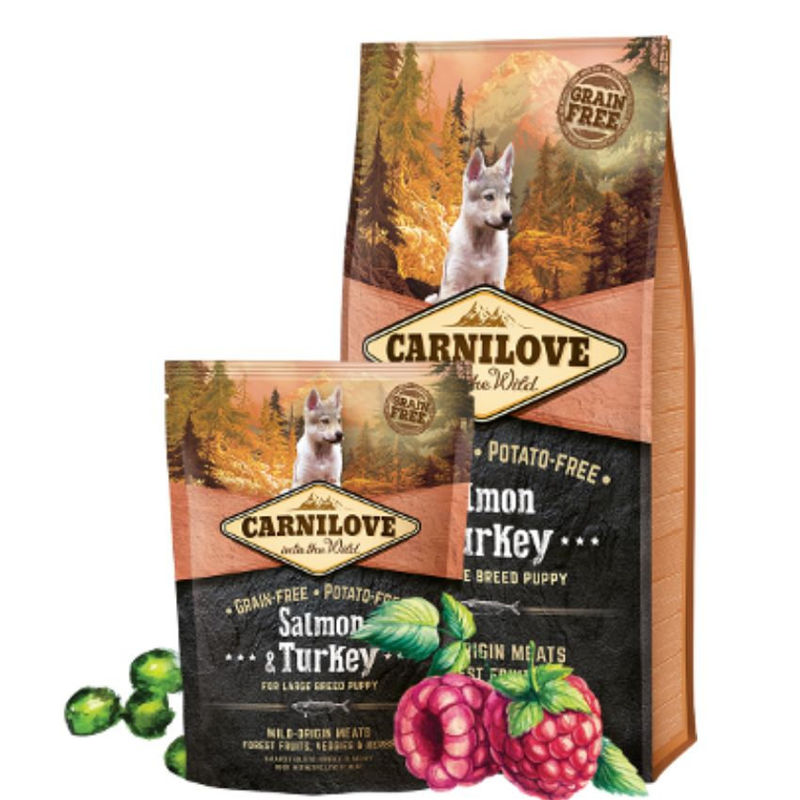 Пълноценна, суха храна за малки кученца от големи породи Carnilove Salmon & Turkey for Large Breed Puppy със 25% сьомга и 20% пуешко, БЕЗ ЗЪРНЕНИ КУЛТУРИ 12 кг.