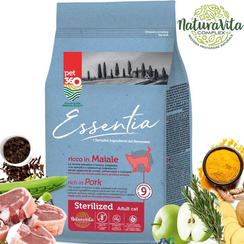 Супер премиум храна за котки Essentia STERILIZED, БЕЗ ЗЪРНО, с 86% протеин от пряснo свинско месо + куркума и розмарин, за кастрирани котки 0.300 кг. 2