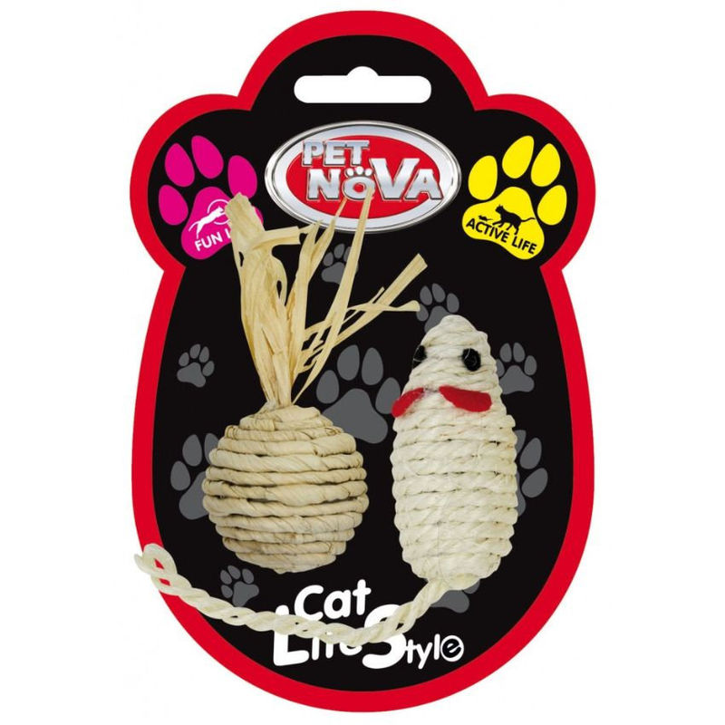 Комплект котешки, сезалени играчки топка + мишка PET NOVA натурален