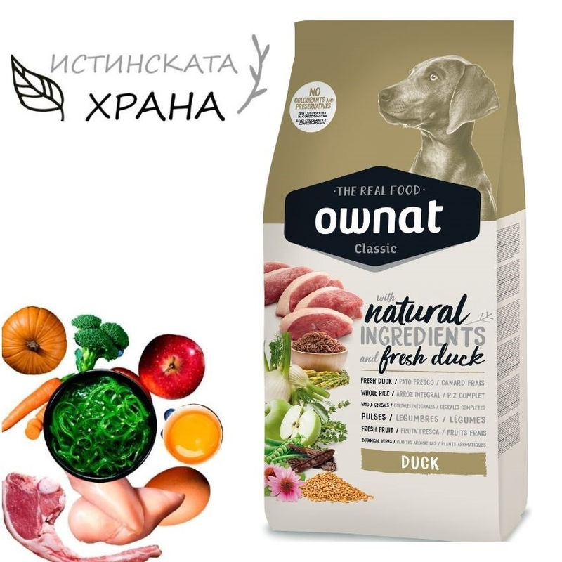 Натурална суха храна Ownat Classic Duck  с прясно патешко месо за пораснали кучета от всички породи 4 кг.