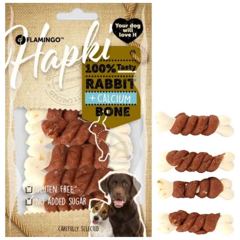 Лакомство за кучета Flamingo Hapki calcium bone with rabbit – калциеви кокалчета със натурално заешко месо 85 гр.