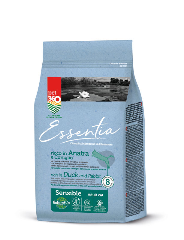 Супер премиум храна за котки Essentia SENSIBLE, БЕЗ ЗЪРНО, със 73% протеин от прясно заешко и патешко месо + куркума и розмарин, за котки с чувствителна храносмилателна система 0.300 кг.