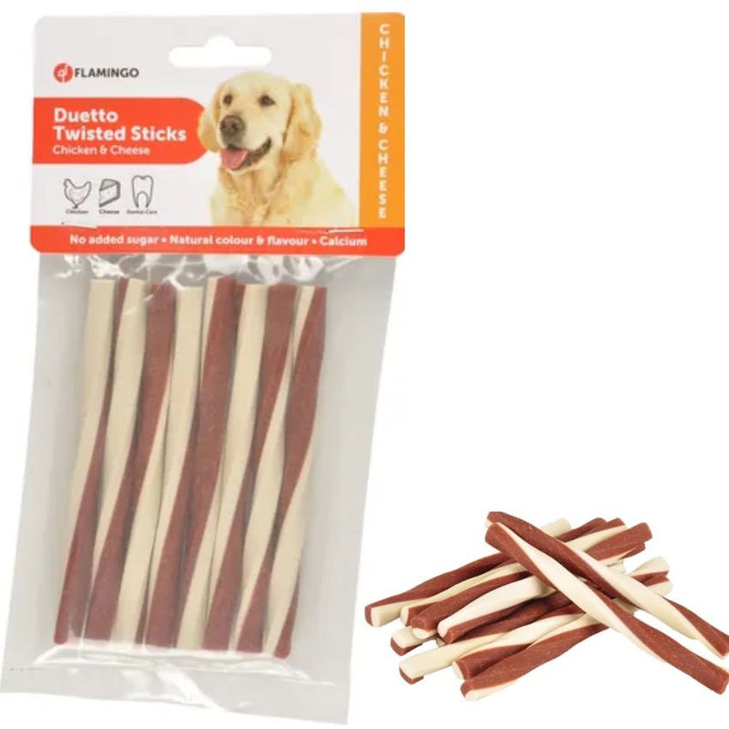 Лакомство за куче Flamingo TWIST STICKS CHICKEN & CHEESE – засукани пръчици с пиле и сирене 85 гр.
